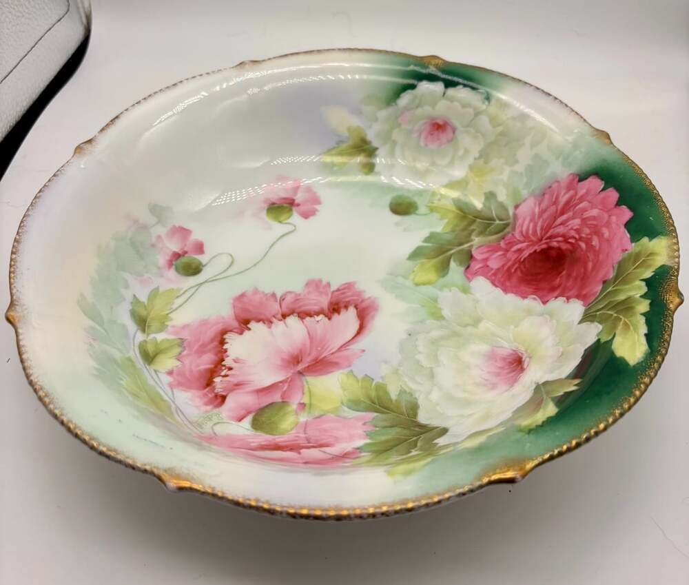 Bavarian Porcelain Hand-Painted Floral Serving Bowl Gold Trim